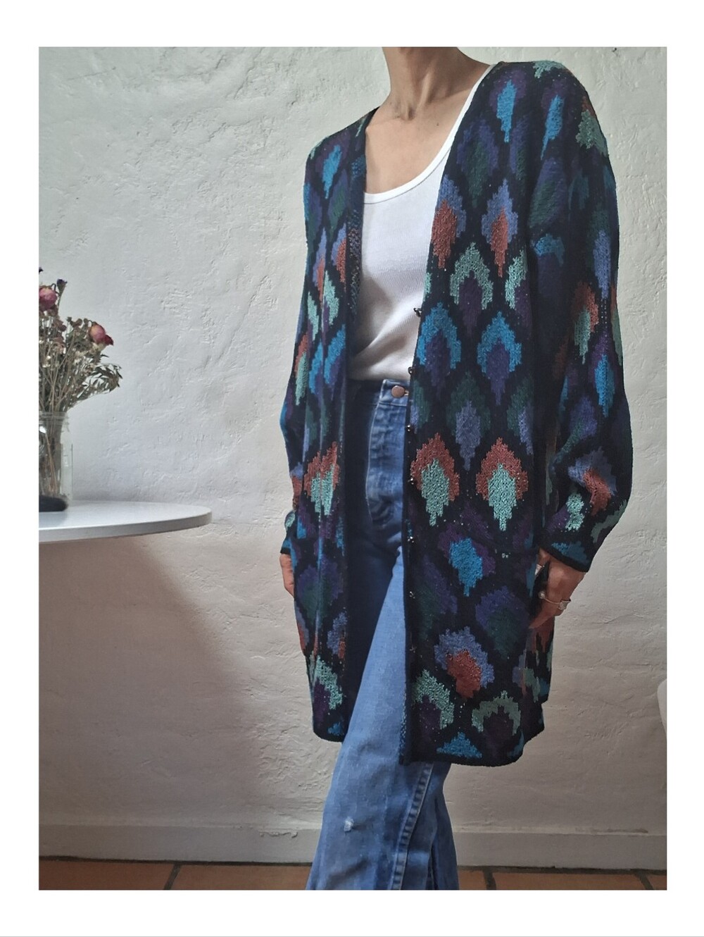 VINTAGE French Rags Jewel Tone Geometric Diamond Flame Stitch Longline Cardigan